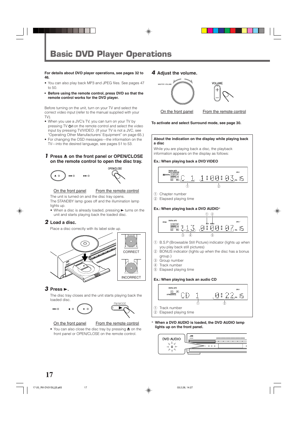 Basic dvd player operations, Load a disc, Press 3 | Adjust the volume, On /of f surr ound mo de, On the front panel from the remote control, Place a disc correctly with its label side up | JVC RX-DV31SL User Manual | Page 20 / 78