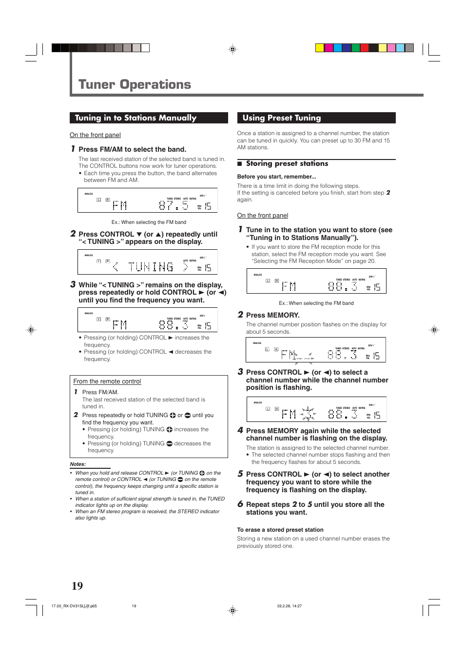 Tuner operations, Tuning in to stations manually, Using preset tuning | Press fm/am to select the band, 7 storing preset stations, On the front panel, Ex.: when selecting the fm band | JVC RX-DV31SL User Manual | Page 22 / 78