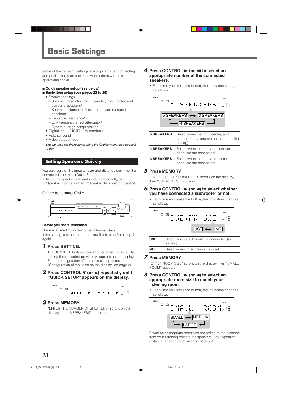 Basic settings, Setting speakers quickly, Press setting | On the front panel only, Use no, Small medium large, 4 speakers 3 speakers 5 speakers | JVC RX-DV31SL User Manual | Page 24 / 78