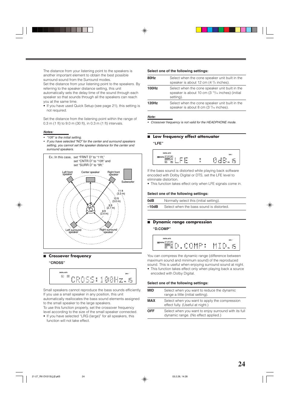 Basic settings, 7 crossover frequency, 7 low frequency effect attenuator | 7 dynamic range compression, Inches) | JVC RX-DV31SL User Manual | Page 27 / 78