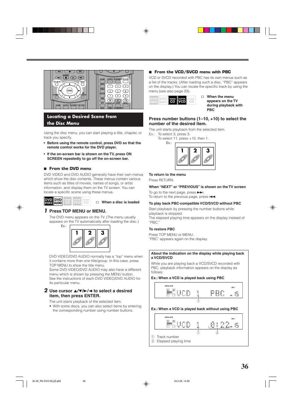 Dvd player operations, Locating a desired scene from the disc menu, Press top menu or menu | 7 from the dvd menu, 7 from the vcd/svcd menu with pbc | JVC RX-DV31SL User Manual | Page 39 / 78