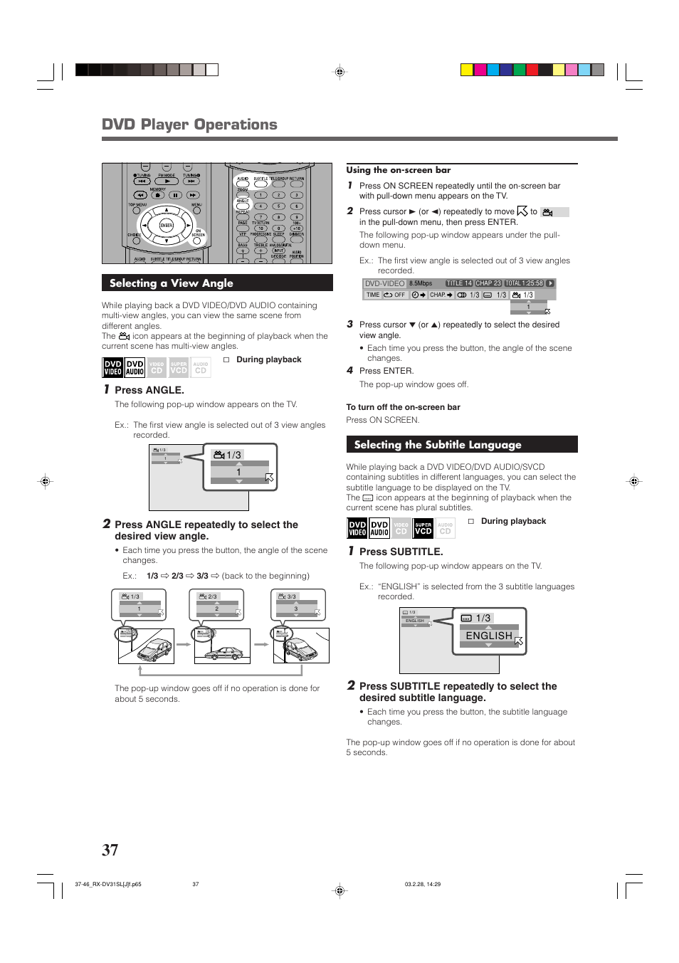 Dvd player operations, Selecting the subtitle language, Press subtitle | Selecting a view angle, Press angle | JVC RX-DV31SL User Manual | Page 40 / 78