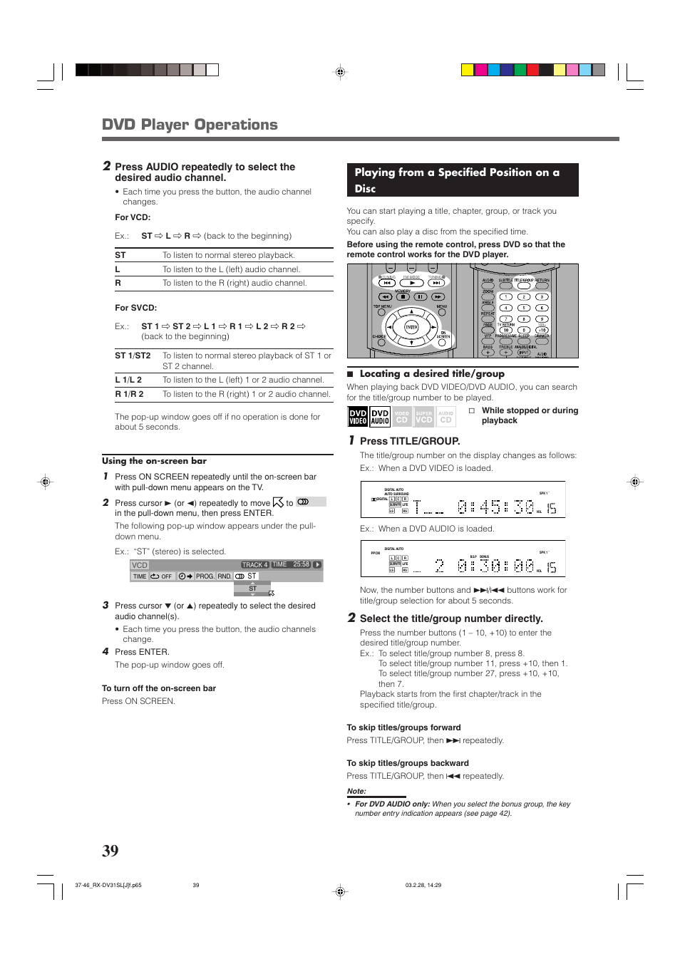 Dvd player operations, Playing from a specified position on a disc, Press title/group | Select the title/group number directly, 7 locating a desired title/group | JVC RX-DV31SL User Manual | Page 42 / 78