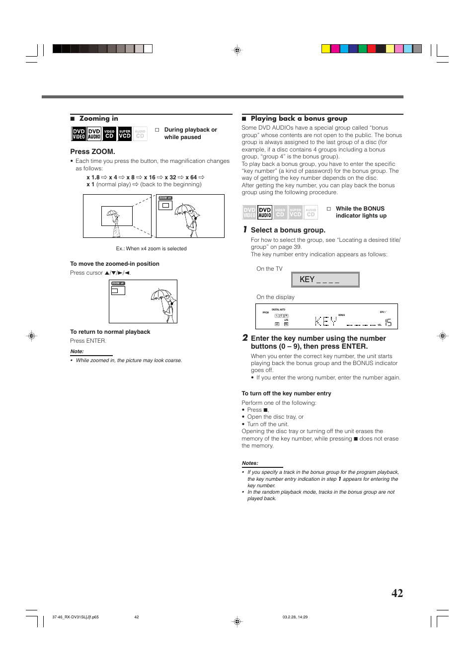 Dvd player operations, Press zoom, Select a bonus group | 7 zooming in, 7 playing back a bonus group | JVC RX-DV31SL User Manual | Page 45 / 78