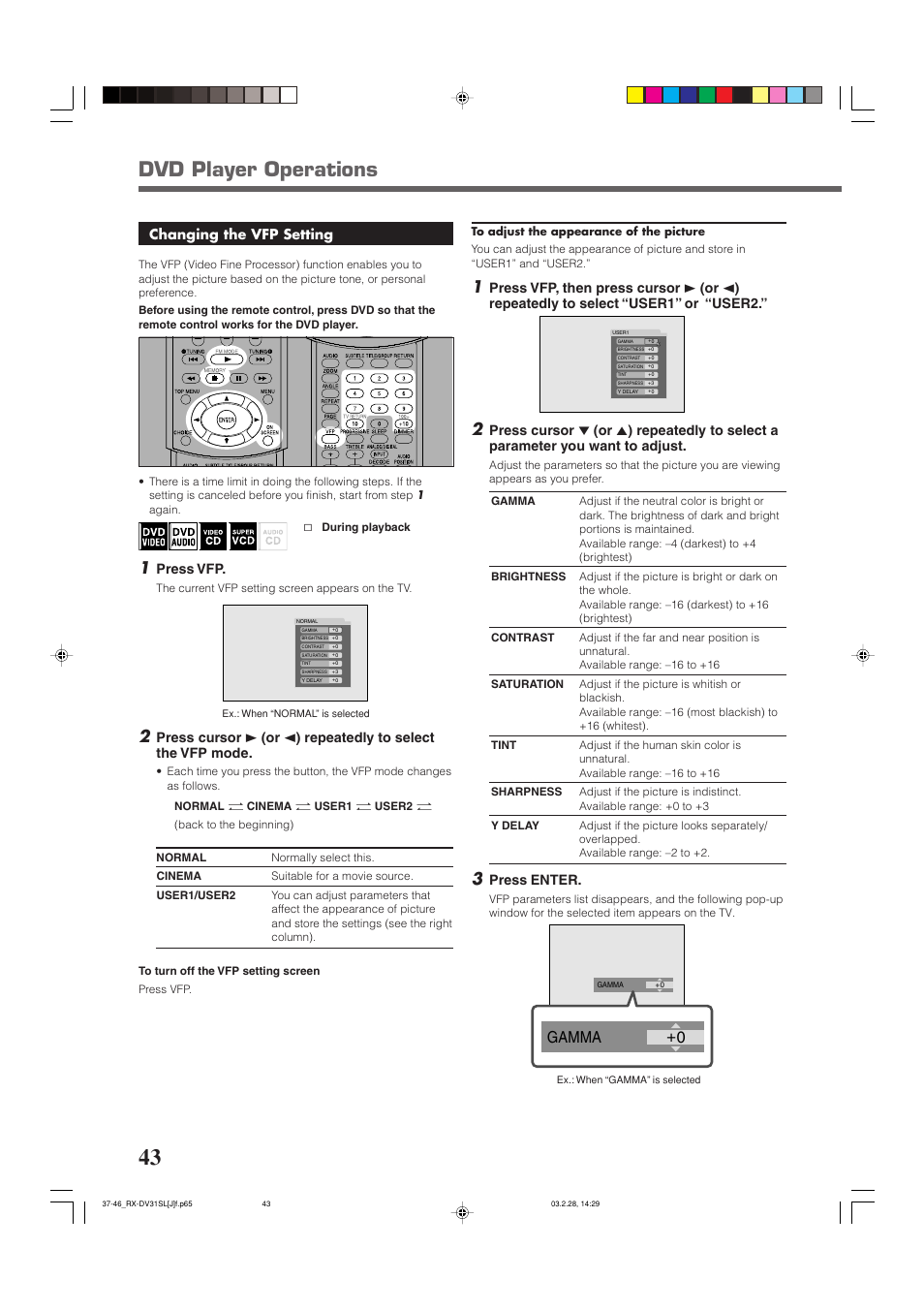 Dvd player operations, 0 gamma, Changing the vfp setting | Press vfp, Press enter | JVC RX-DV31SL User Manual | Page 46 / 78