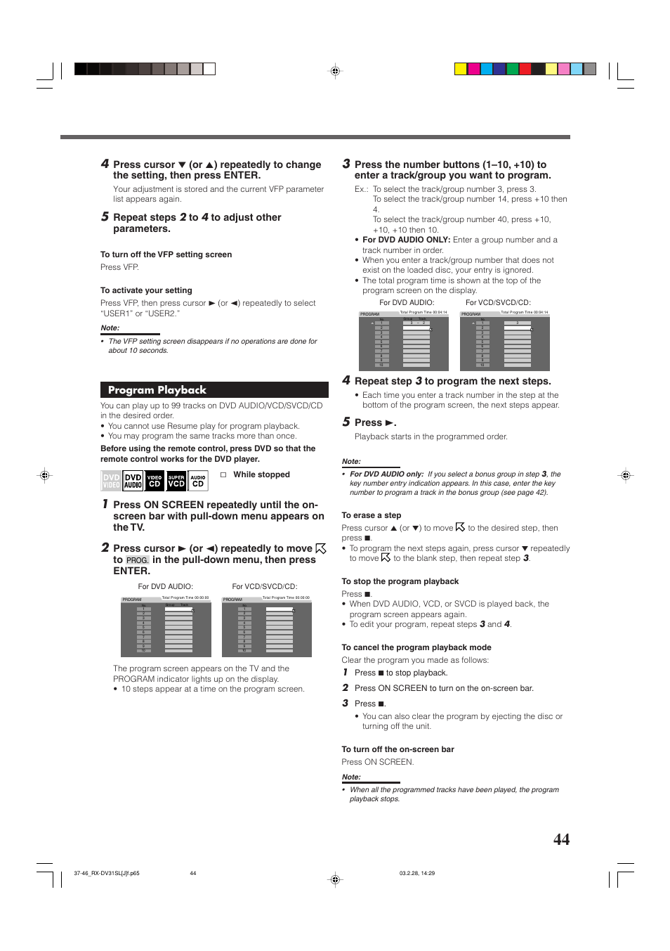 Dvd player operations, Repeat step 3 to program the next steps, Press 3 | Repeat steps 2 to 4 to adjust other parameters, Program playback, Press cursor 3 (or 2 ) repeatedly to move to | JVC RX-DV31SL User Manual | Page 47 / 78