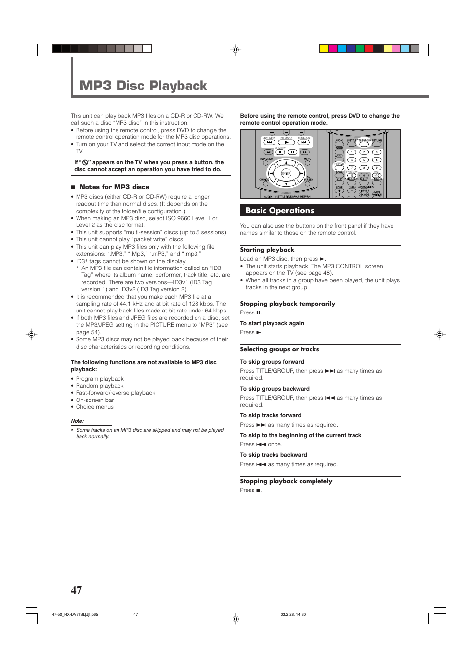 Mp3 disc playback, Basic operations | JVC RX-DV31SL User Manual | Page 50 / 78