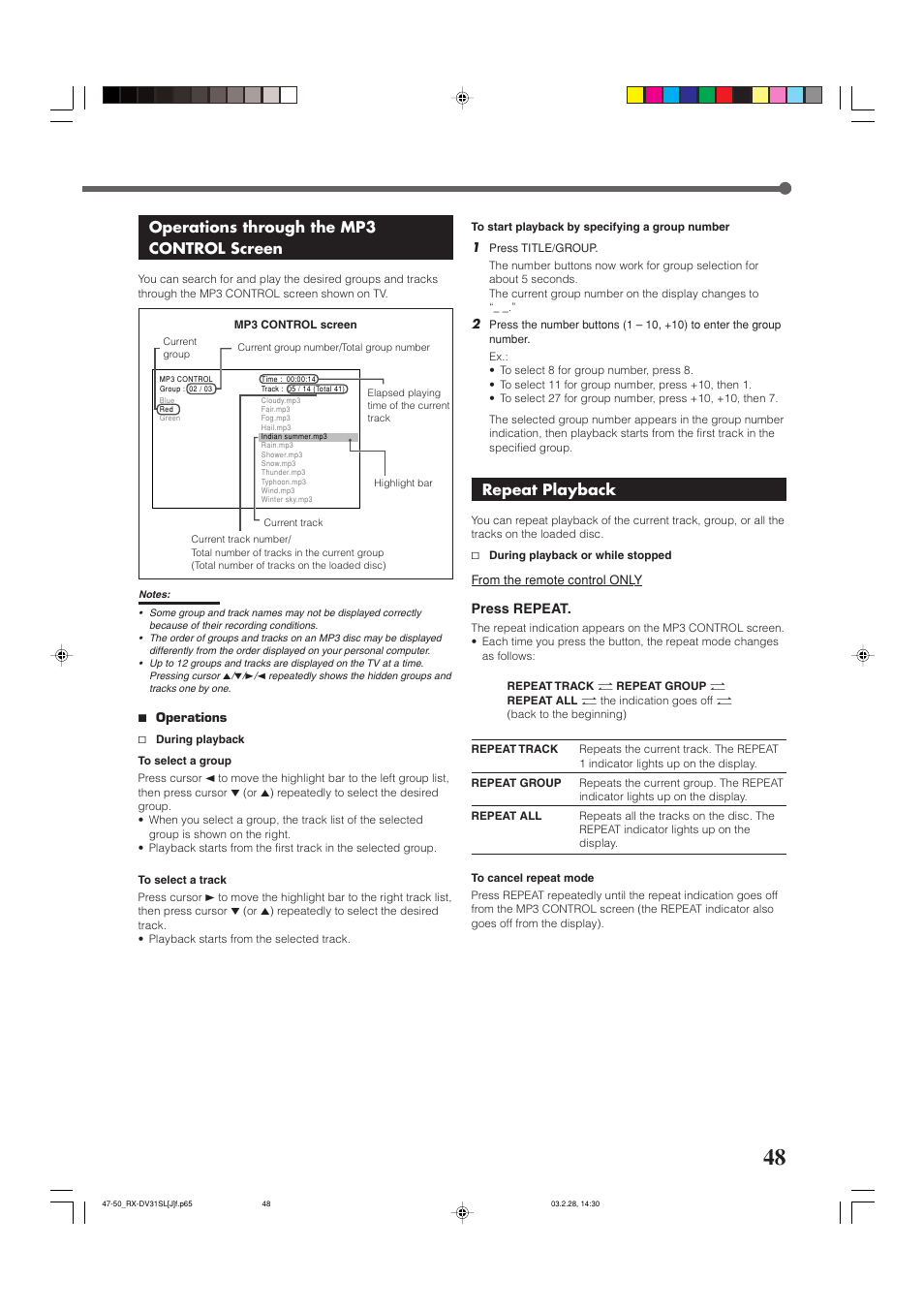 Mp3 disc playback, Operations through the mp3 control screen, Repeat playback | JVC RX-DV31SL User Manual | Page 51 / 78