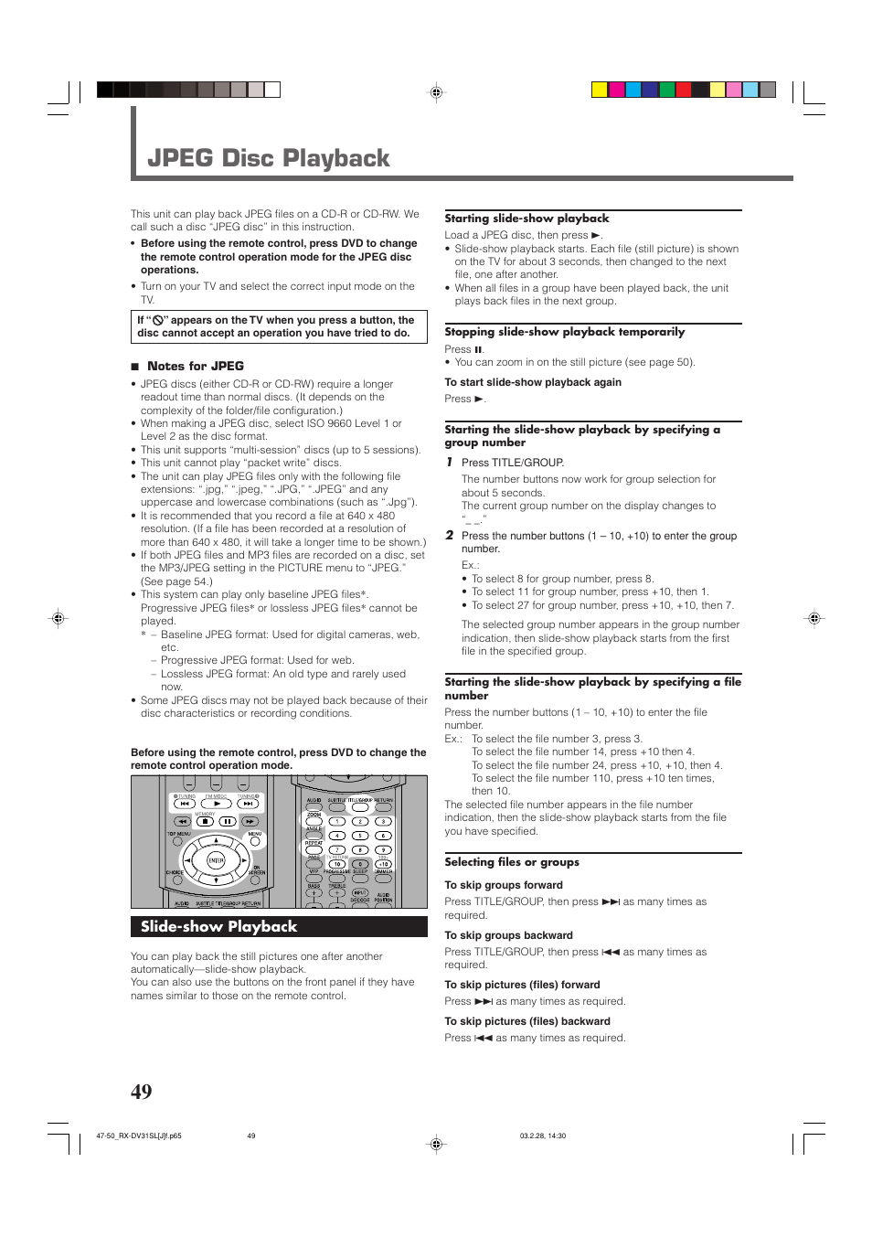 Jpeg disc playback, Slide-show playback | JVC RX-DV31SL User Manual | Page 52 / 78