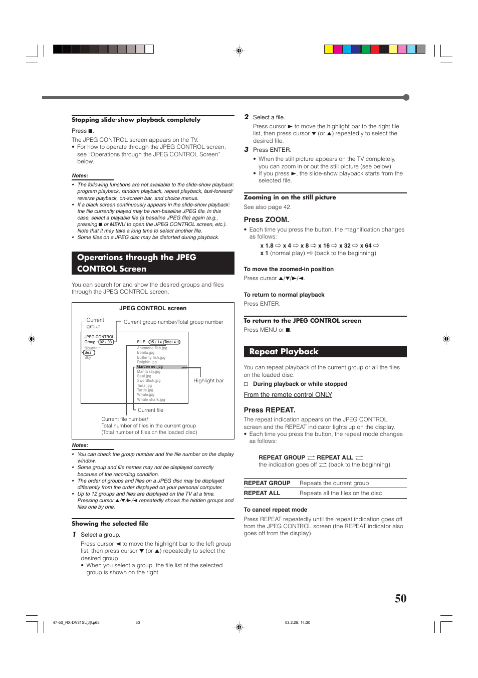 Jpeg disc playback, Operations through the jpeg control screen, Repeat playback | JVC RX-DV31SL User Manual | Page 53 / 78