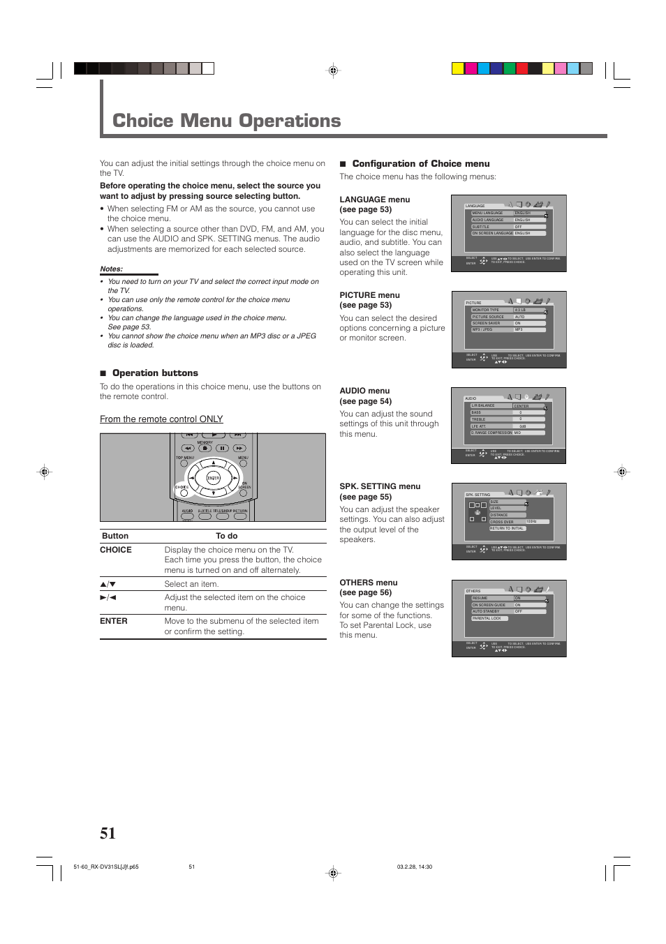 Choice menu operations, 7 operation buttons, 7 configuration of choice menu | JVC RX-DV31SL User Manual | Page 54 / 78