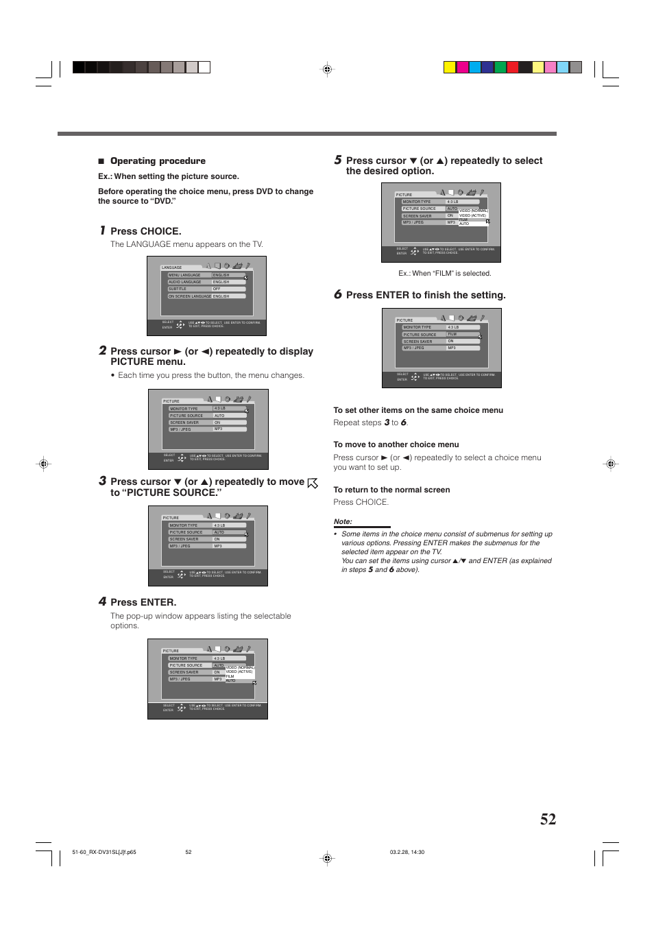 Choice menu operations, Press choice, Press enter | Press enter to finish the setting, 7 operating procedure | JVC RX-DV31SL User Manual | Page 55 / 78