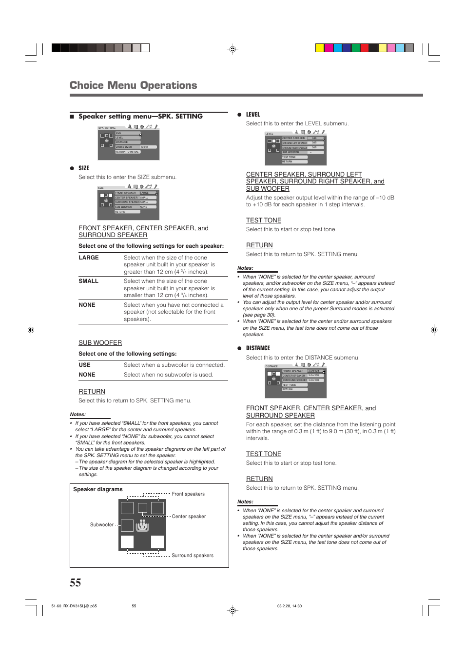 Choice menu operations, 7 speaker setting menu—spk. setting ¶ size, Sub woofer | Return, Level, Test tone, Distance | JVC RX-DV31SL User Manual | Page 58 / 78