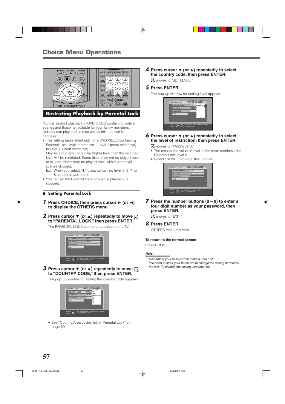 Choice menu operations, Restricting playback by parental lock, Press enter | 7 setting parental lock | JVC RX-DV31SL User Manual | Page 60 / 78