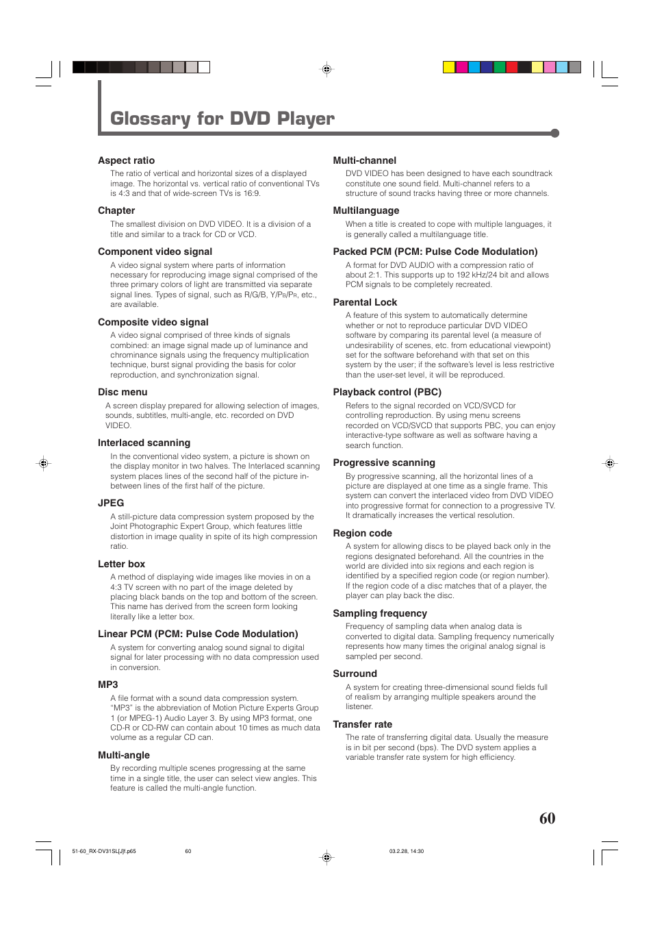 Glossary for dvd player | JVC RX-DV31SL User Manual | Page 63 / 78