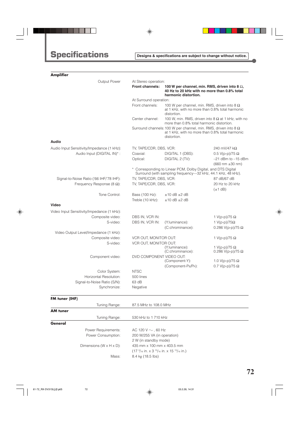 Specifications | JVC RX-DV31SL User Manual | Page 75 / 78