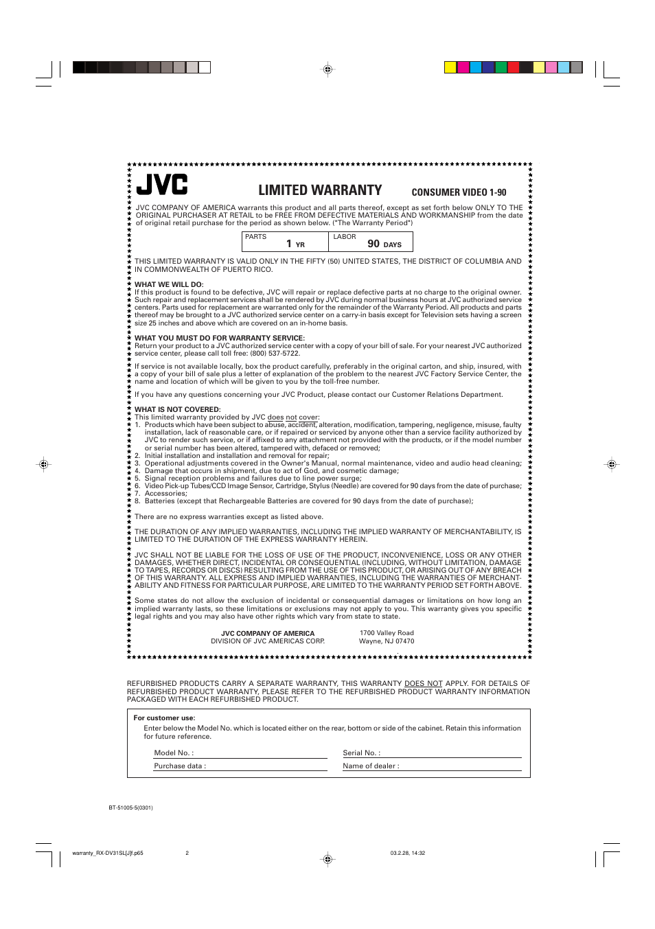 Limited warranty, Consumer video 1-90 | JVC RX-DV31SL User Manual | Page 76 / 78