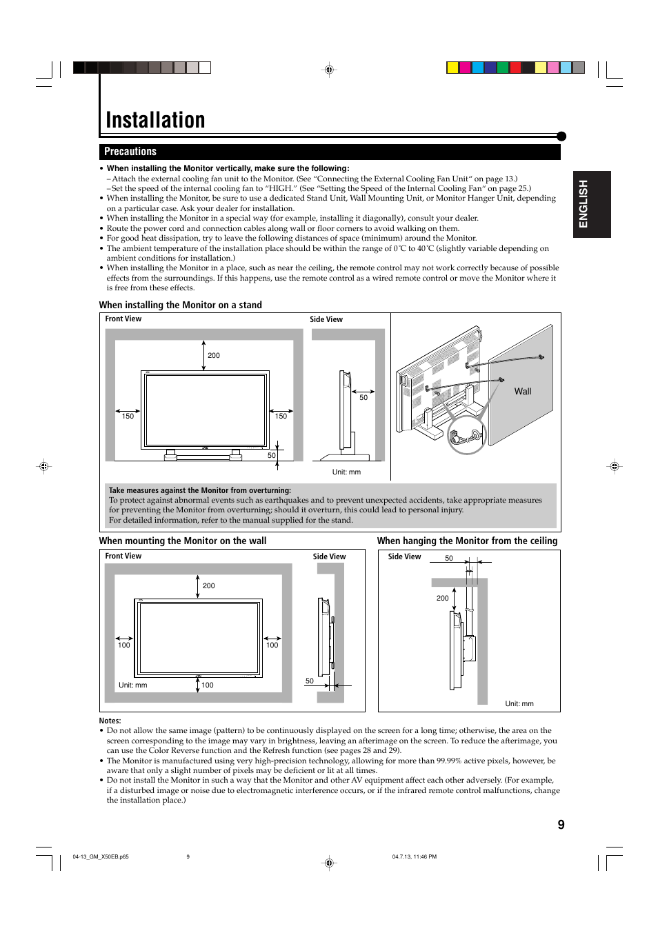 Installation, Precautions, English precautions | JVC GM-X50E User Manual | Page 10 / 42