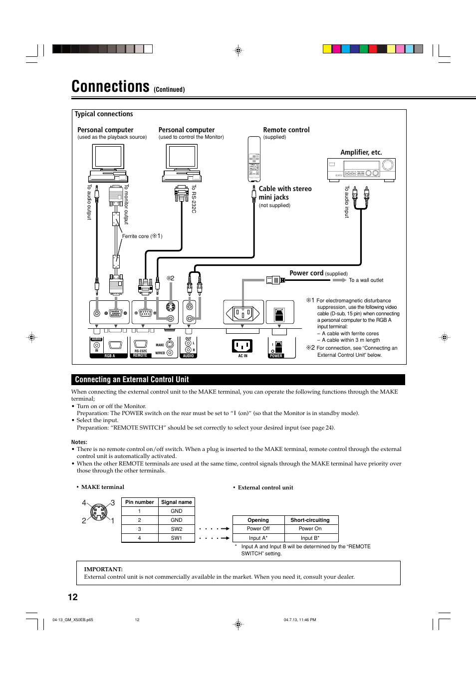 Connecting an external control unit, Connections | JVC GM-X50E User Manual | Page 13 / 42