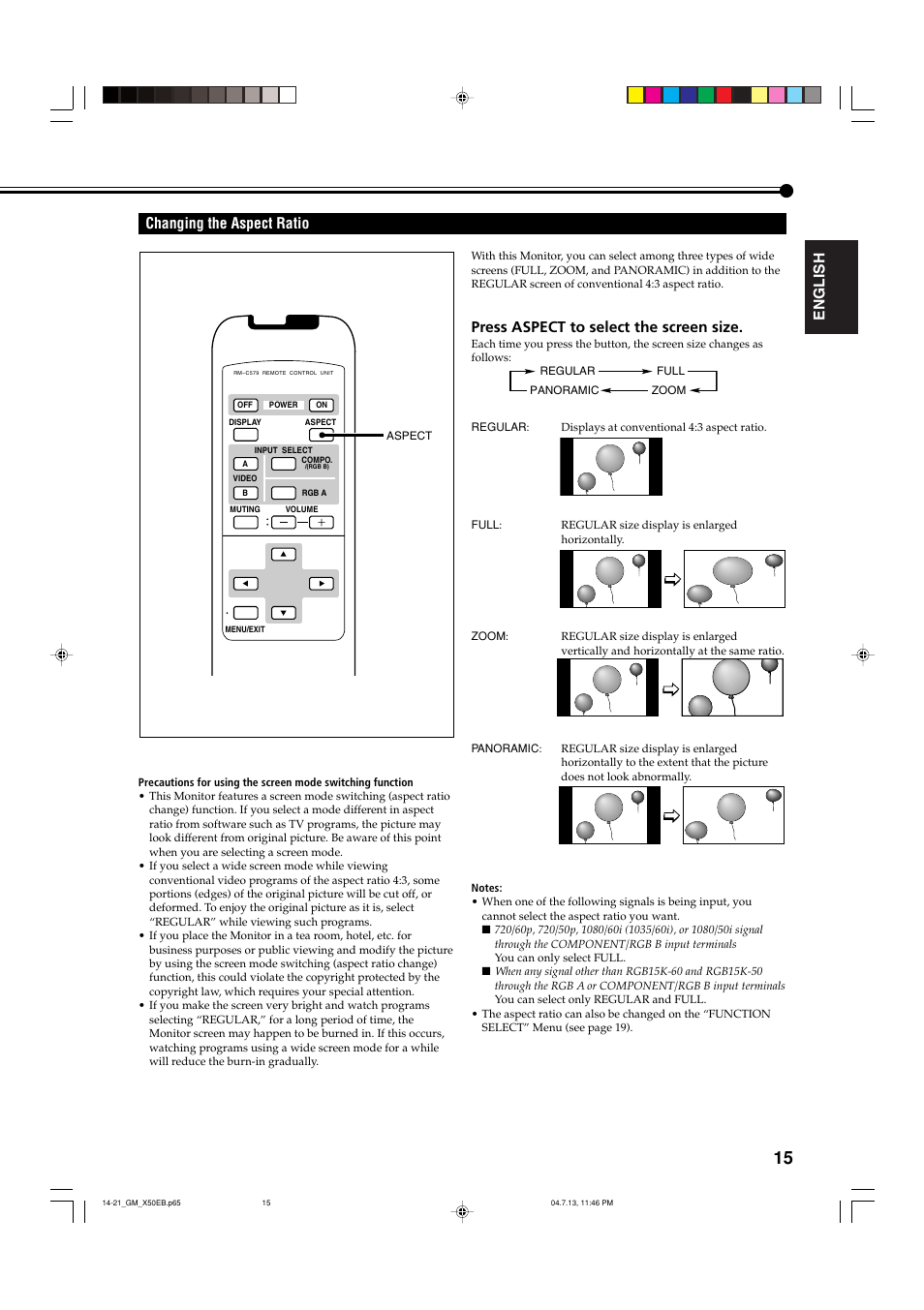 Changing the aspect ratio, English changing the aspect ratio, Press aspect to select the screen size | JVC GM-X50E User Manual | Page 16 / 42