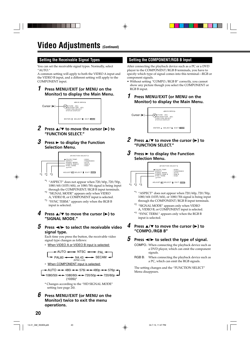 Setting the receivable signal types, Setting the component/rgb b input, Video adjustments | JVC GM-X50E User Manual | Page 21 / 42