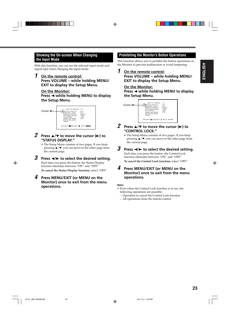 Showing the on-screen when changing the input mode, Prohibiting the monitor’s button operations | JVC GM-X50E User Manual | Page 24 / 42