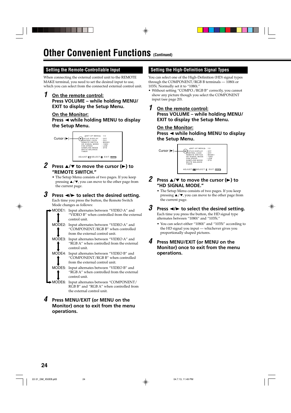 Setting the remote-controllable input, Setting the high-definition signal types, Other convenient functions | JVC GM-X50E User Manual | Page 25 / 42