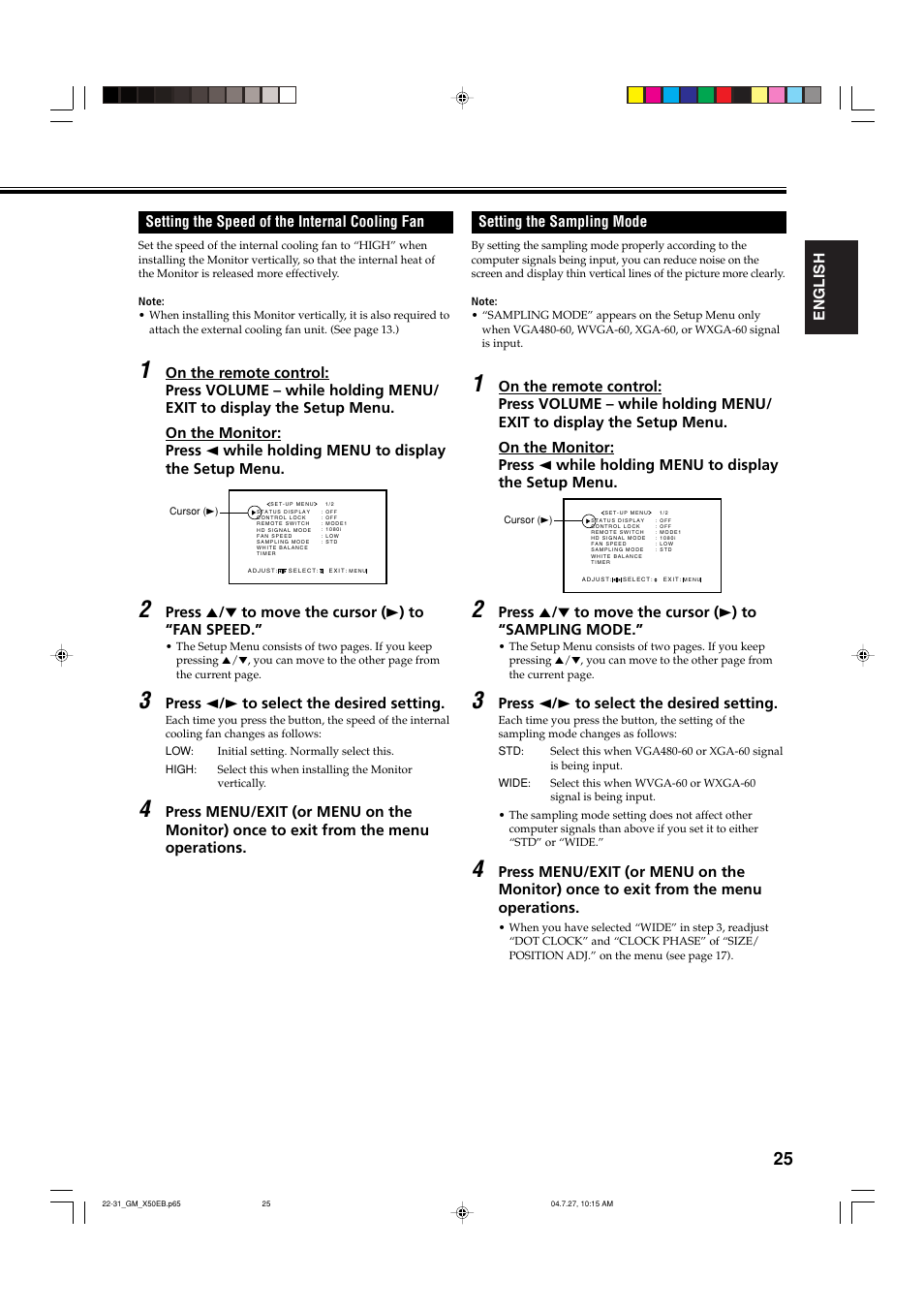 Setting the speed of the internal cooling fan, Setting the sampling mode | JVC GM-X50E User Manual | Page 26 / 42