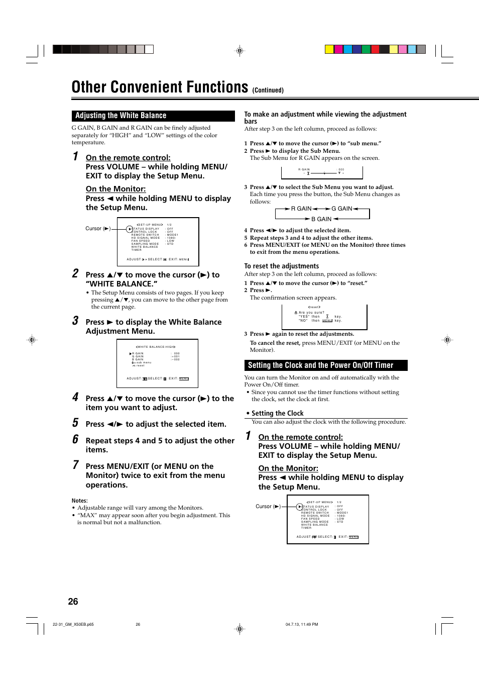 Adjusting the white balance, Setting the clock and the power on/off timer, Other convenient functions | Press 2 / 3 to adjust the selected item, Repeat steps 4 and 5 to adjust the other items | JVC GM-X50E User Manual | Page 27 / 42