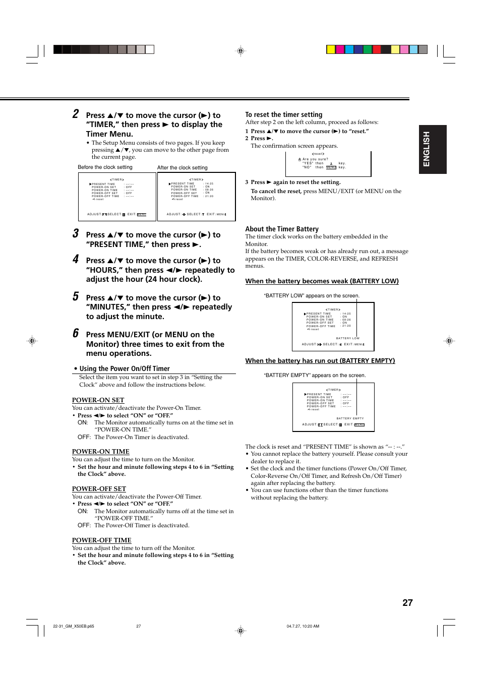 English, About the timer battery, Using the power on/off timer | JVC GM-X50E User Manual | Page 28 / 42