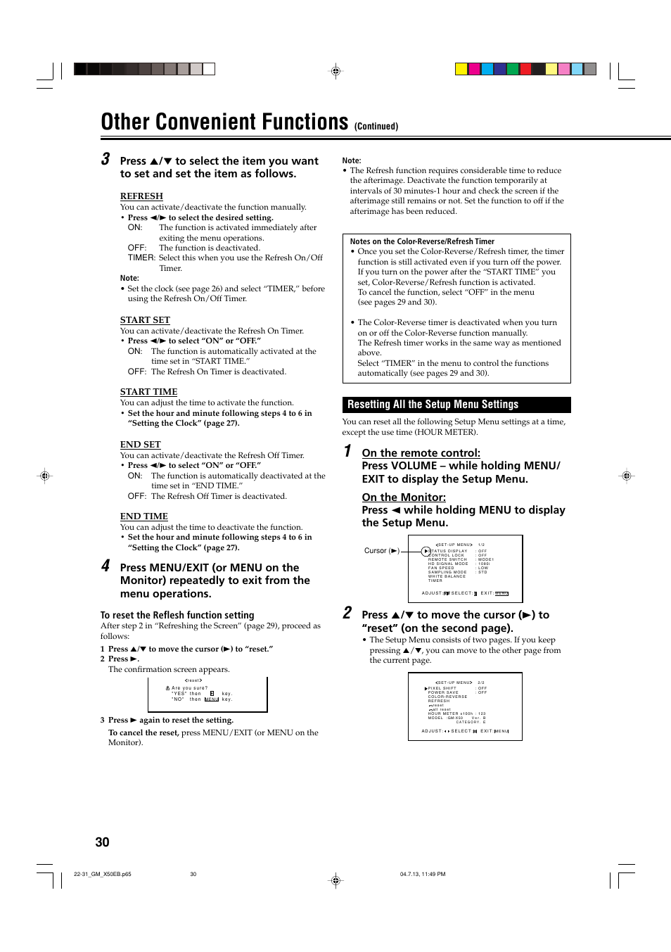 Resetting all the setup menu settings, Other convenient functions | JVC GM-X50E User Manual | Page 31 / 42