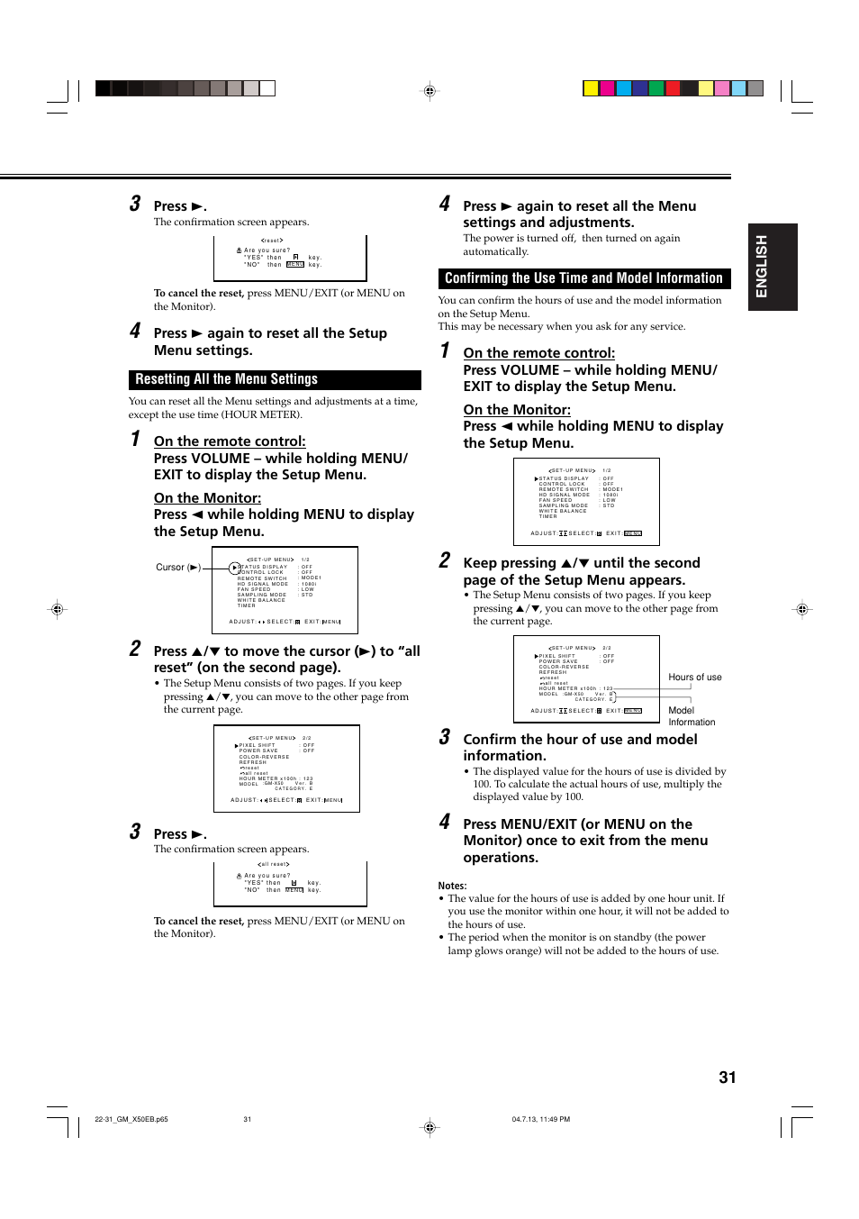 Resetting all the menu settings, Confirming the use time and model information, English | Press 3, Confirm the hour of use and model information | JVC GM-X50E User Manual | Page 32 / 42