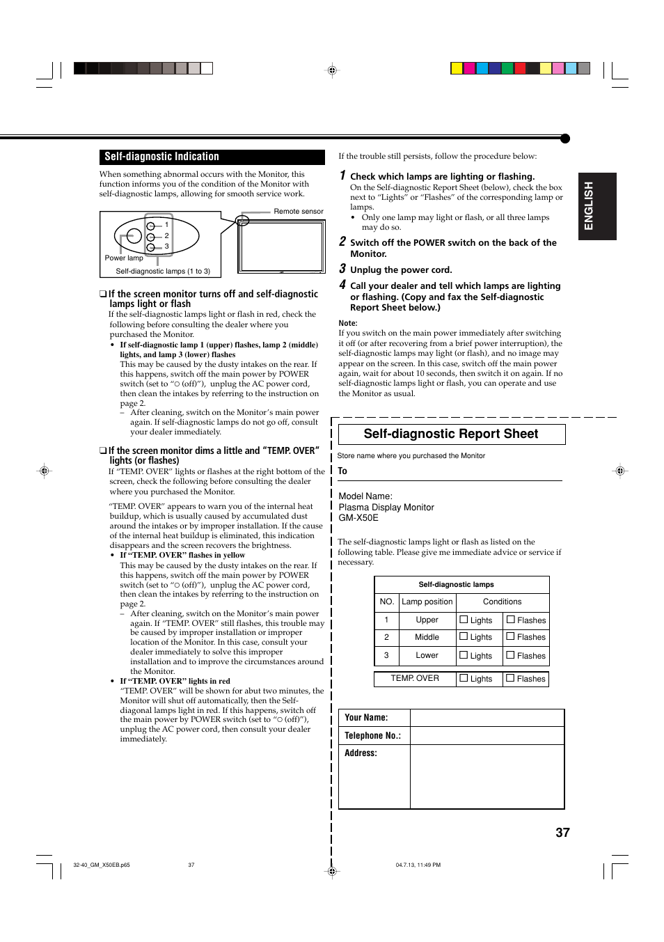 Self-diagnostic indication, Self-diagnostic report sheet | JVC GM-X50E User Manual | Page 38 / 42