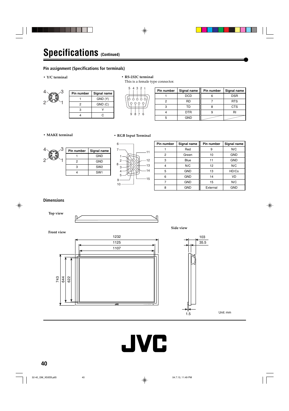 Specifications | JVC GM-X50E User Manual | Page 41 / 42