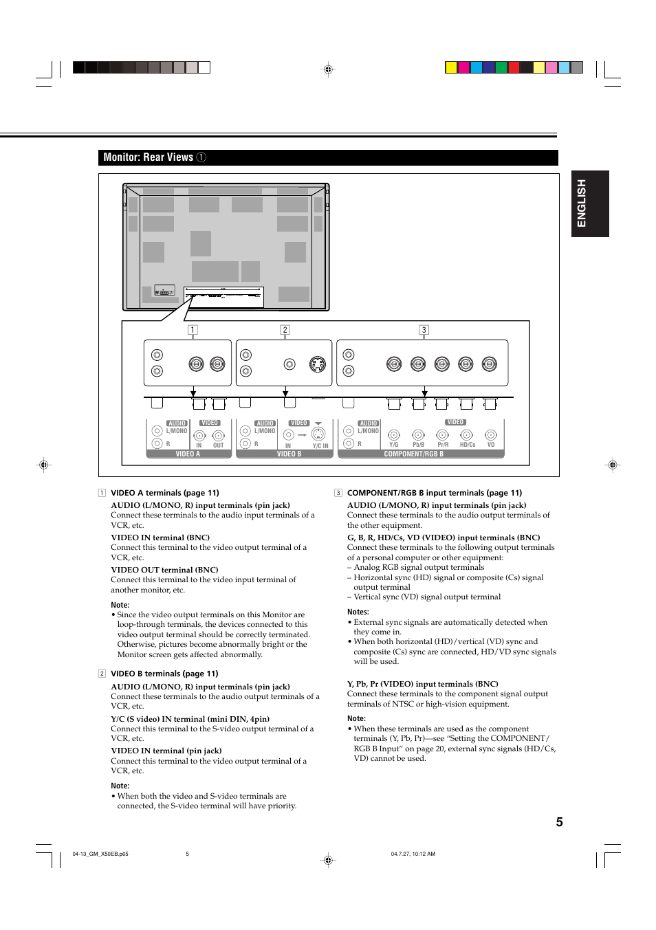 Monitor: rear views 1, English monitor: rear views 1 | JVC GM-X50E User Manual | Page 6 / 42