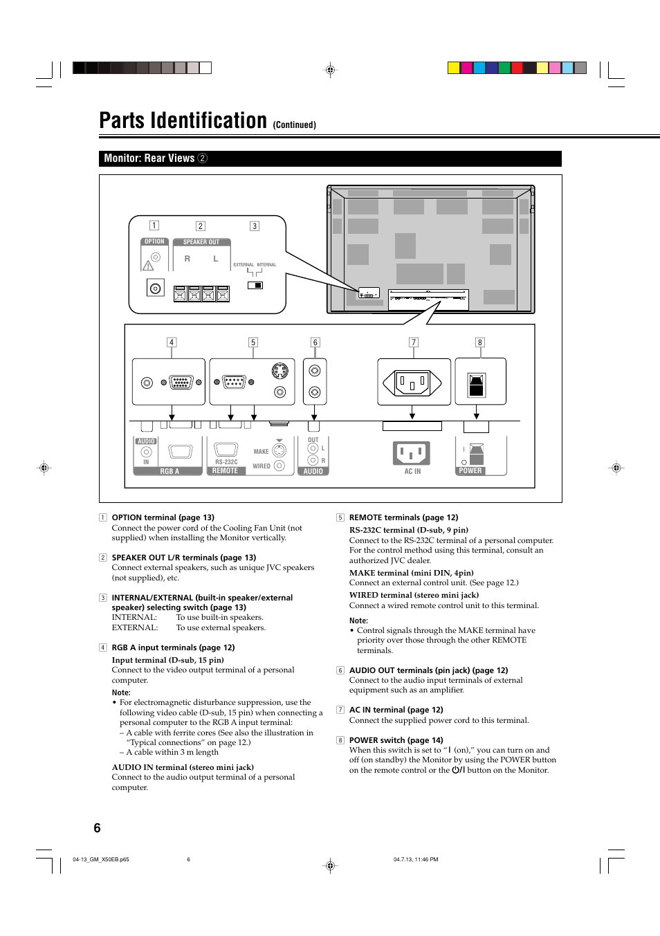 Monitor: rear views 2, Parts identification | JVC GM-X50E User Manual | Page 7 / 42