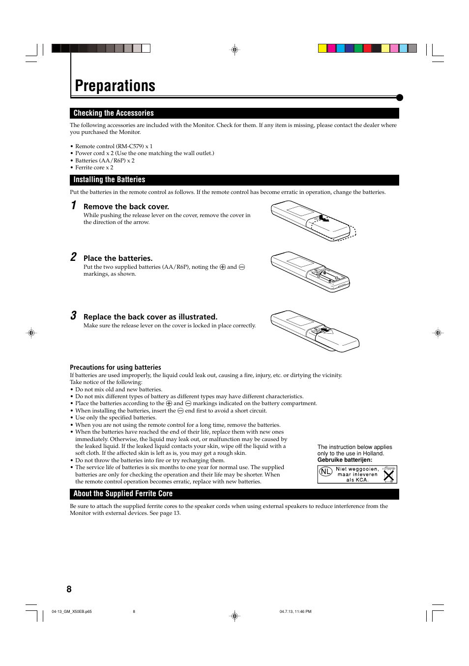 Preparations, Checking the accessories, Installing the batteries | About the supplied ferrite core | JVC GM-X50E User Manual | Page 9 / 42
