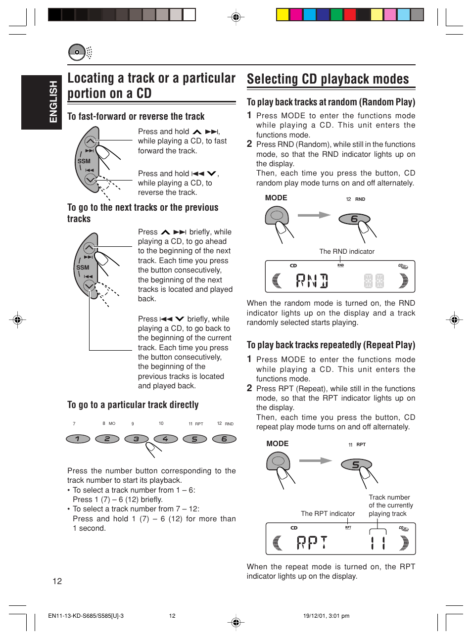 Locating a track or a particular portion on a cd, Selecting cd playback modes, English | JVC GET0067-001A User Manual | Page 12 / 26