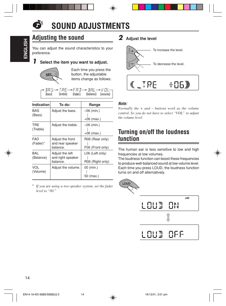 Sound adjustments, Adjusting the sound, Turning on/off the loudness function | JVC GET0067-001A User Manual | Page 14 / 26
