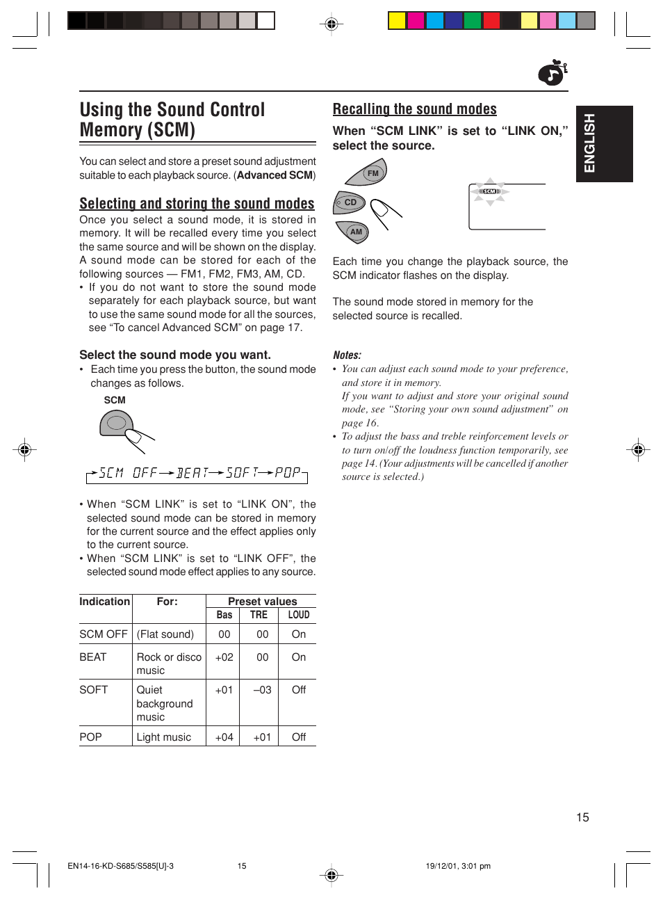 Recalling the sound modes, Selecting and storing the sound modes, English | JVC GET0067-001A User Manual | Page 15 / 26