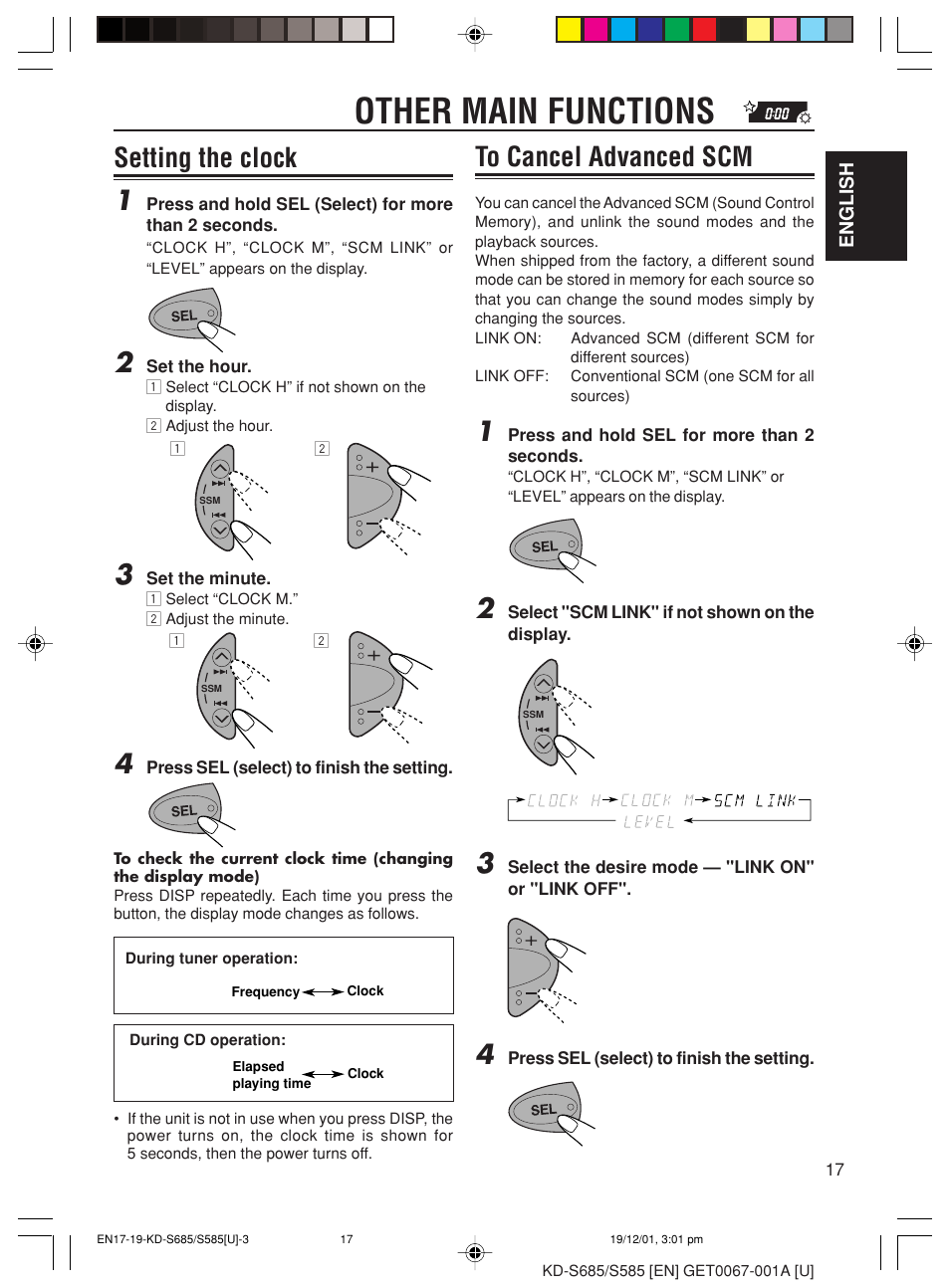 Other main functions, Setting the clock 1 | JVC GET0067-001A User Manual | Page 17 / 26