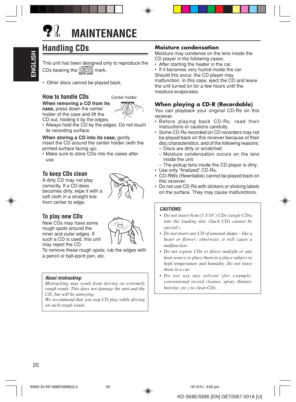 Maintenance, Handling cds, English | How to handle cds | JVC GET0067-001A User Manual | Page 20 / 26
