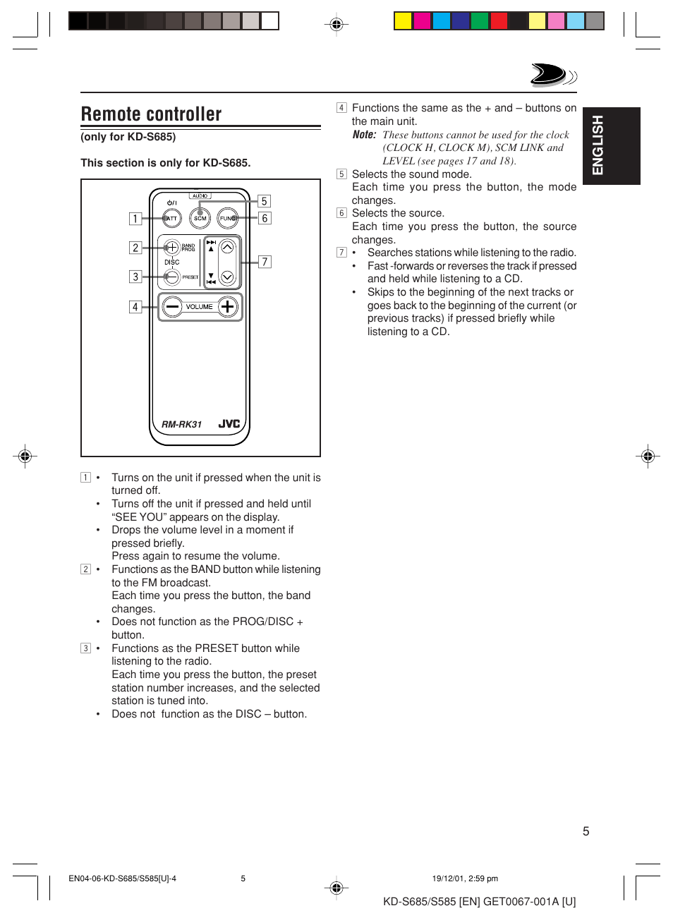 Remote controller | JVC GET0067-001A User Manual | Page 5 / 26