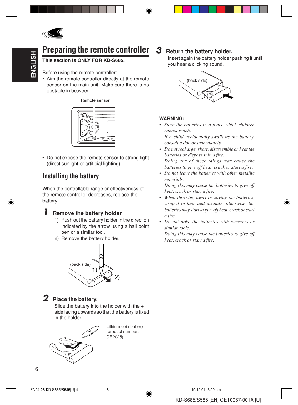 Preparing the remote controller, Installing the battery | JVC GET0067-001A User Manual | Page 6 / 26
