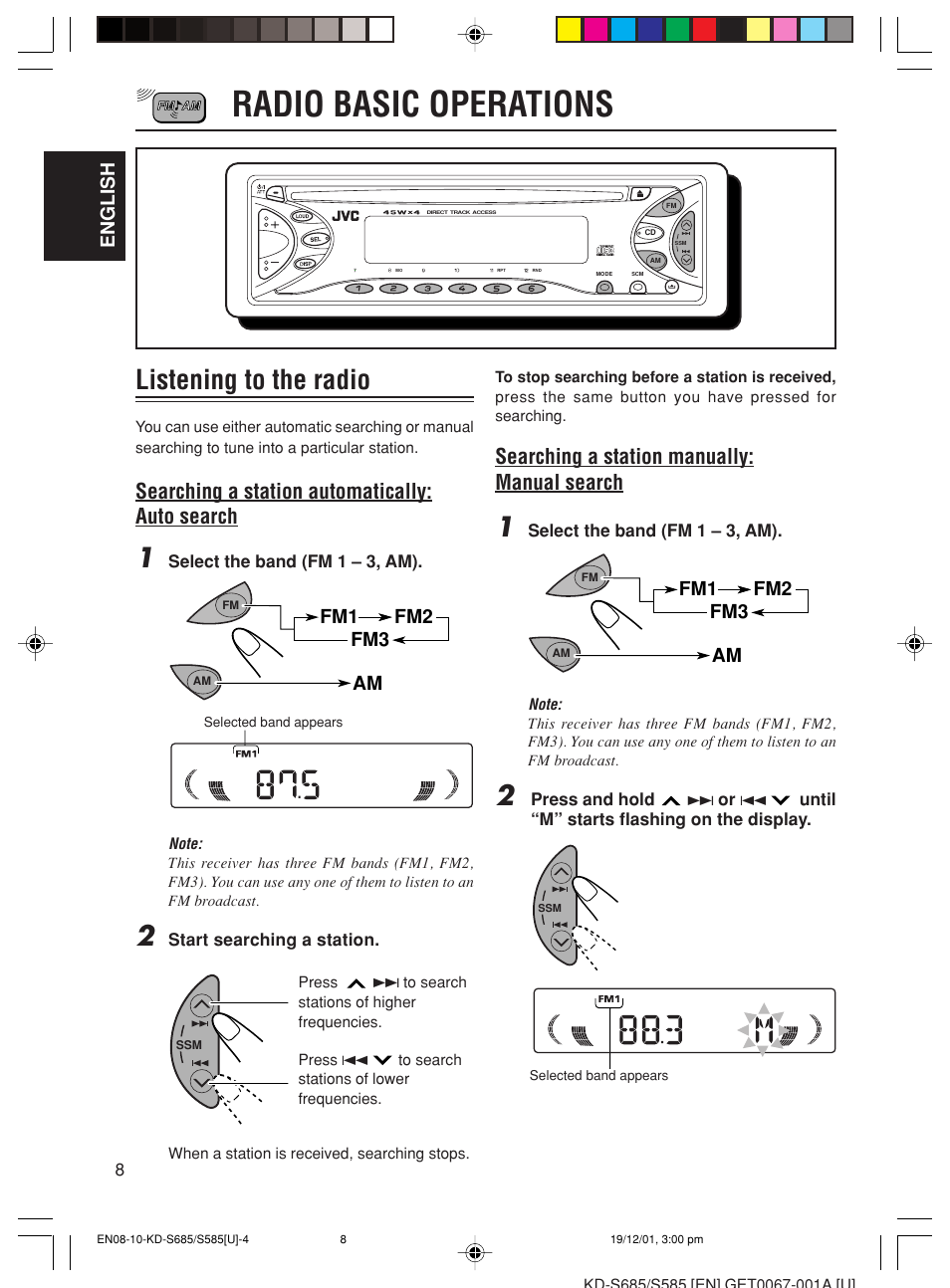 Radio basic operations, Listening to the radio, Searching a station automatically: auto search | Searching a station manually: manual search, English, Fm1 fm2 fm3 am | JVC GET0067-001A User Manual | Page 8 / 26