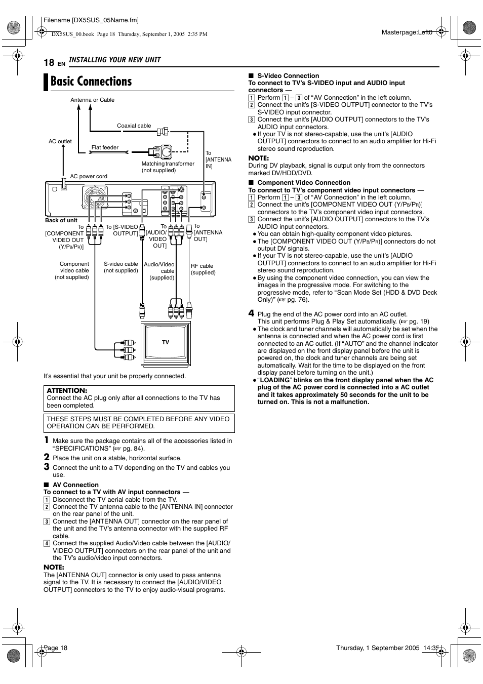 Installing your new unit, Basic connections, A pg. 18 | A pg. 18, 63 | JVC DR-DX5SU User Manual | Page 18 / 88