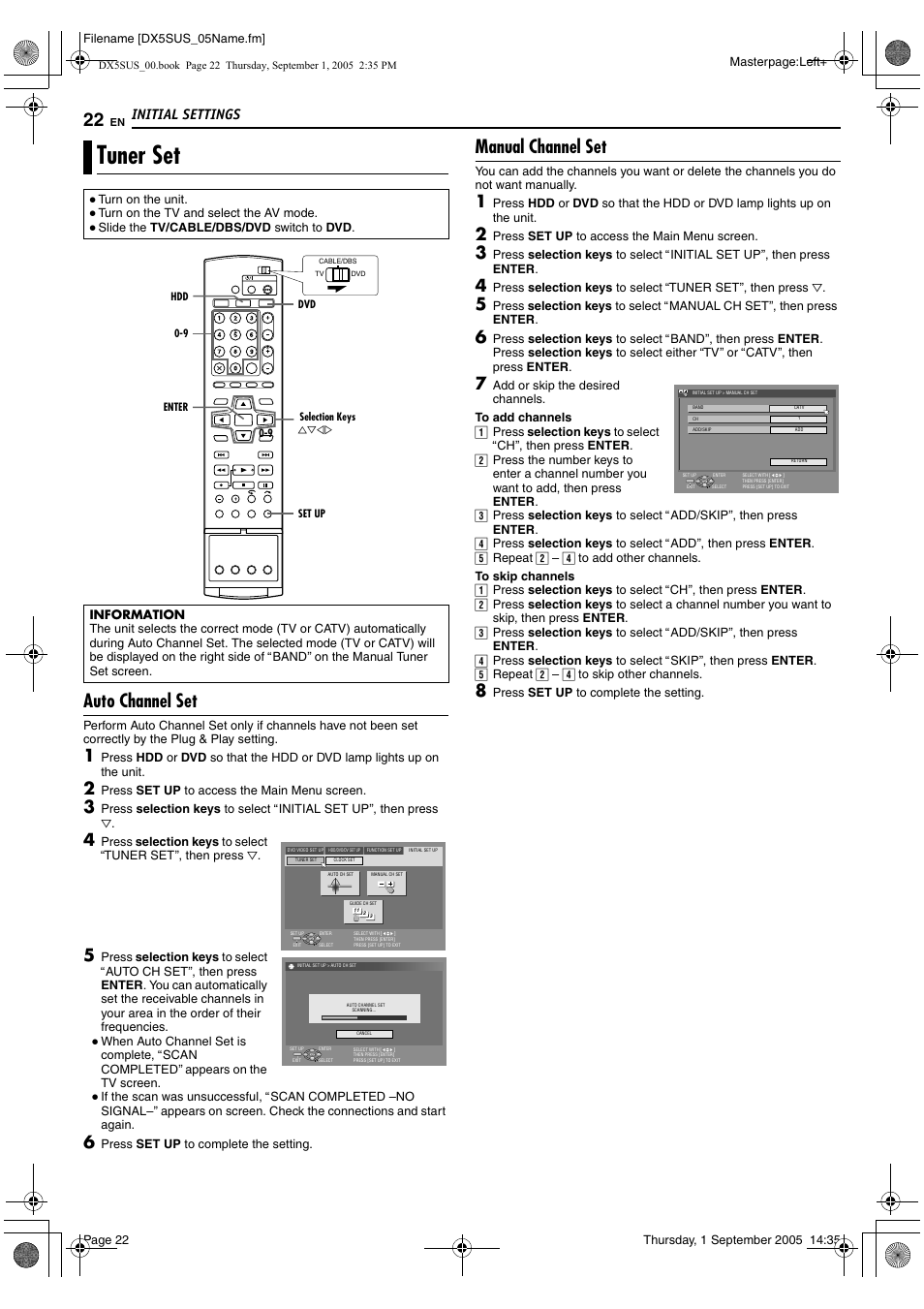 Tuner set, Atuner setb (a pg. 22). if, R to | Amanual channel setb (a pg. 22), A pg. 22), Auto channel set, Manual channel set, Initial settings | JVC DR-DX5SU User Manual | Page 22 / 88