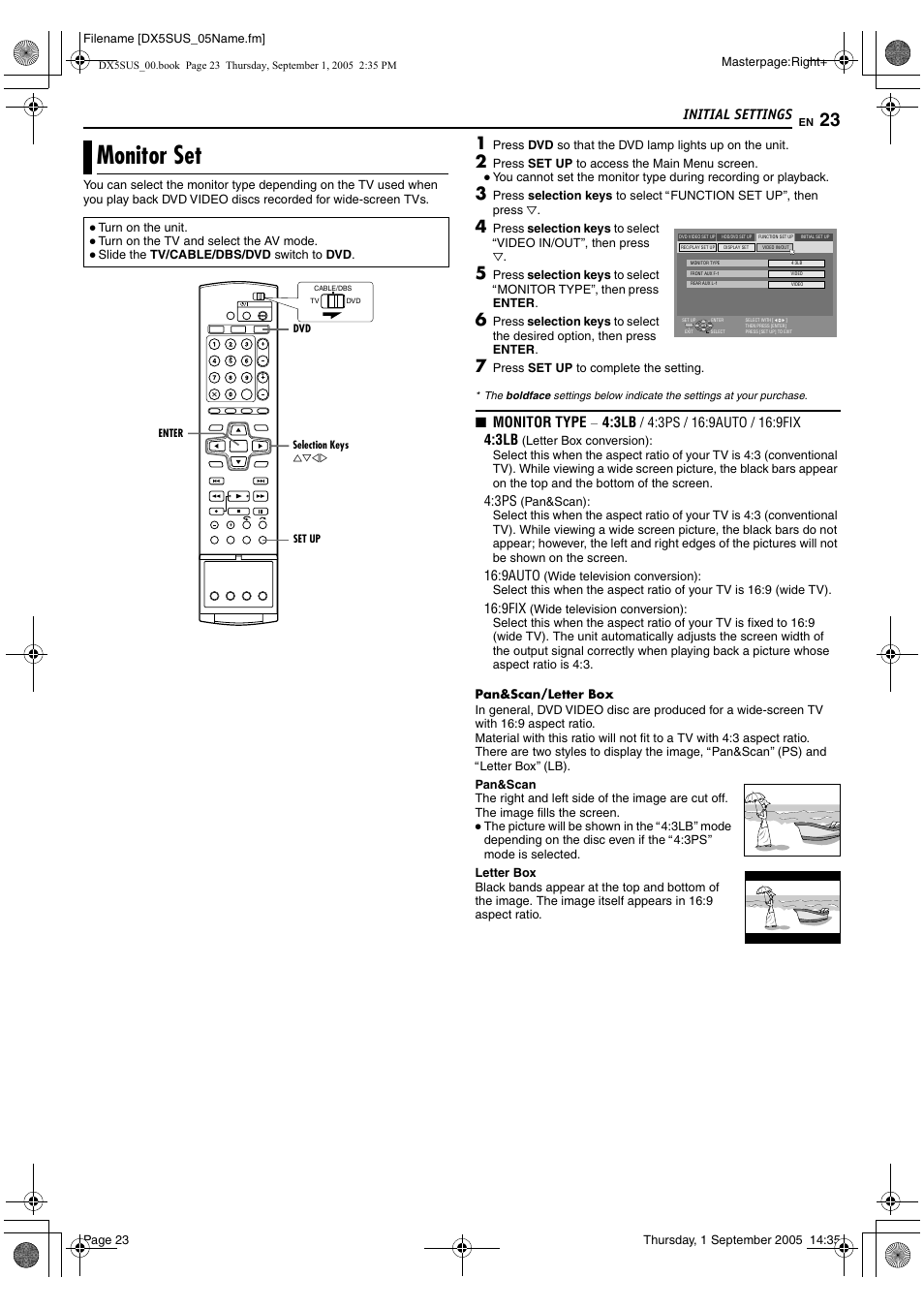 Monitor set, Initial settings, Monitor type | JVC DR-DX5SU User Manual | Page 23 / 88