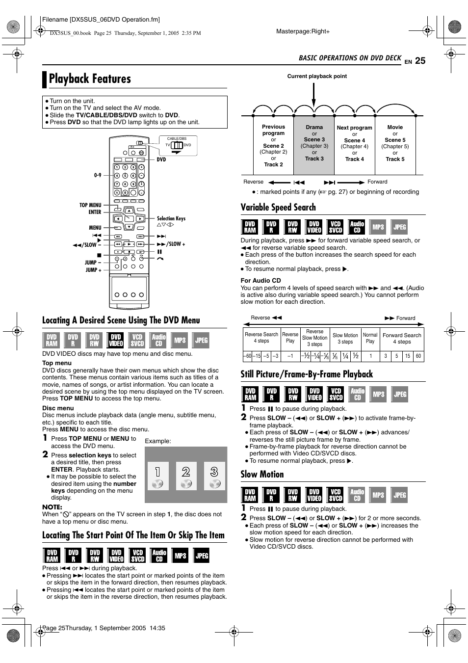 Playback features, A pg. 25, A pg. 25, 44, 40 | A pg. 25, 44, Alocating a desired scene using the dvd menub, A pg. 25), Locating a desired scene using the dvd menu, Variable speed search, Still picture/frame-by-frame playback, Slow motion | JVC DR-DX5SU User Manual | Page 25 / 88