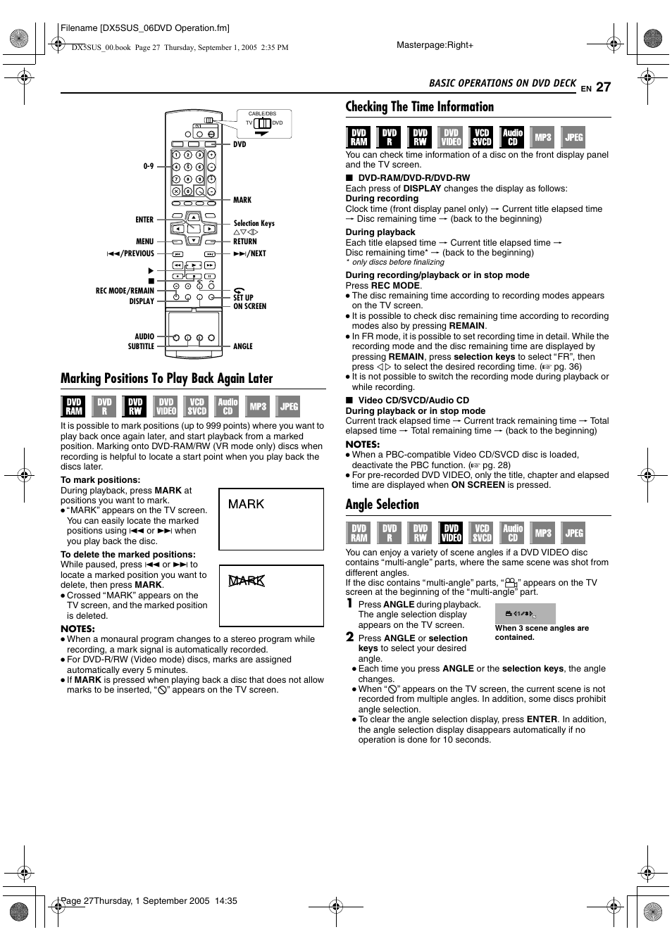 Tor a pg. 27, 35, A pg. 27, 3, A pg. 27, 35, 42 | A pg. 27, Marking positions to play back again later, Checking the time information, Angle selection | JVC DR-DX5SU User Manual | Page 27 / 88